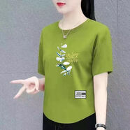 裝中老年短袖t恤女寬松大碼女裝半袖體桖衫洋氣減齡上衣 78下印果綠色【中】一支蘭花 3XL