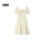 森馬（Semir）連衣裙女方領(lǐng)雪紡裙溫柔少女感夏季俏皮泡泡袖肌理碎花裙森系 白黃色調00313 XL