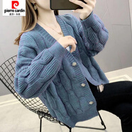 皮爾卡丹（pierre cardin）慵懶風(fēng)外穿時(shí)尚針織衫初秋上衣新款秋冬季麻花毛衣開衫外套女寬松 藍(lán)色 【關(guān)注店鋪優(yōu)先發(fā)貨】 2XL 125-135斤