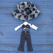 ICY小布娃娃豹紋帽喇叭牛仔褲時(shí)尚套裝OB24麗佳azone娃衣0cm 灰藍豹紋套裝