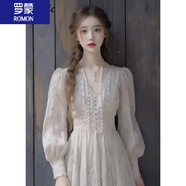 羅蒙（ROMON）女裝白色連衣裙春秋季2024新款中國(guó)風(fēng)時(shí)尚高貴小香風(fēng)長(zhǎng)袖公主裙子 米白色 L