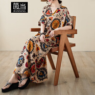 簡(jiǎn)當（JIANDANG）大碼女裝春夏V領(lǐng)棉質(zhì)寬松文藝度假風(fēng)沙灘裙復古印花長(cháng)袍子9013 太陽(yáng)花 大碼均碼【190斤以下】