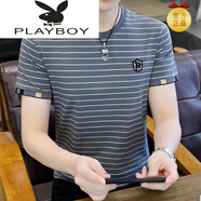 花花公子（PLAYBOY）棉t恤短袖新款潮流百搭拼色條紋體恤男款冰感半袖衣服 3307灰藍(lán) M
