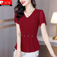 皮爾卡丹2025新款夏裝色短袖T恤女大尺碼胖m遮肉顯瘦V領(lǐng)上衣洋氣氣質(zhì)小衫 紅色 XL 建議(105-115斤)