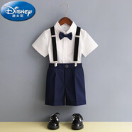 迪士尼（Disney）兒童男童禮服套裝英倫風(fēng)主持人走秀鋼琴演出服夏季花童服裝小西裝 白色風(fēng)琴短袖+藏青短褲+背帶+藍 110 cm