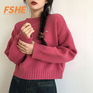 FSHE短款小眾毛衣女秋冬新款寬松外穿慵懶風(fēng)時(shí)尚洋氣粗毛線(xiàn)針織衫上衣 玫粉色 M 95-110斤