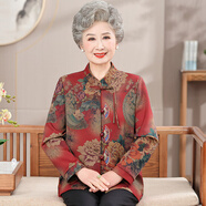 奶奶裝春季長(cháng)袖厚襯衫外套中老年上衣女老年媽媽寬松國風(fēng)衣服新款 紅色【上衣】 5XL 建議145-160斤