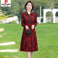 皮爾卡丹（pierre cardin）中年媽媽春裝連衣裙中長(cháng)款闊太太裙子50歲中老年女春秋長(cháng)袖打底裙 紅色玫瑰花 XL 【建議88-105斤】