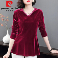 皮爾卡丹（pierre cardin）金絲絨打底衫女長袖2025春秋冬新款氣質(zhì)v領(lǐng)蕾絲內(nèi)搭洋氣上衣t恤潮 酒紅色(蕾絲V/領(lǐng)) 860#今年流行 M 碼建議90-100斤