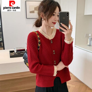 皮爾卡丹（pierre cardin）小香風(fēng)蕾絲邊針織開衫毛衣女秋季新款韓系寬松時尚百搭上衣短款 紅色 【8820】 M 建議【95-105斤】