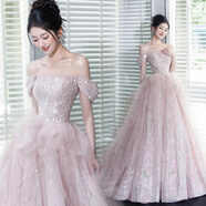 季節里歐根紗禮服裙粉色新娘結婚敬酒服宴會(huì )年會(huì )主持人星光晚20 粉色 L