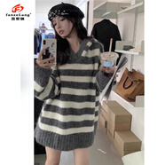范哲狼（FANZELANG）條紋撞色毛衣女春秋冬新款韓版感復(fù)古寬松慵懶風(fēng)針織連帽毛衣 灰白條紋 S