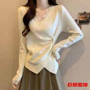 tromlfz大碼德絨設計感蕾絲拼接V領(lǐng)長(cháng)袖T恤女秋冬季新款不規則交叉打底衫 杏色 L 建議101-120斤