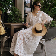 玉絲朵海邊穿搭沙灘裙女海邊度假長(cháng)裙早春法式泡泡袖大碼白色連衣 蕾絲裙 S