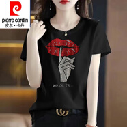 皮爾卡丹（pierre cardin）純棉短袖t恤女大1碼夏裝新款時(shí)尚燙鉆圓領(lǐng)半袖上衣黑色鑲鉆打底衫 圓領(lǐng)-安靜嘴唇鉆-黑色短袖 3232 2XL 適合135-165斤