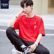 TEEK純棉短袖t恤男生紅色喜慶衣服 2025新年上衣馬年本命年寬松男裝 KS091紅色 L (寬松版型)