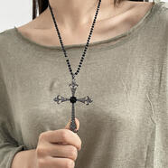 暗黑哥特風(fēng)黑色串珠十字架長(cháng)款項鏈甜酷辣妹朋克風(fēng)百搭亞比毛衣鏈 黑色 58cm+5cm