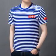 格保路?；晟老募灸惺縯恤親子裝短袖修身?xiàng)l紋圓領(lǐng)班服活動(dòng)衫 藍(lán)條1984+八一 2XL 160-175斤