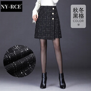 NY-RCE格子短裙a字半裙包裙裙子半身裙秋冬女冬毛呢冬裙 黑格 M