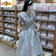 初徑花邊娃娃領(lǐng)連衣裙女大童寬松夏季中學(xué)生少女裝文藝小清新過膝裙子 藍(lán)色 S 【100斤以內(nèi)】