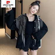 皮爾卡丹（pierre cardin）氣質(zhì)重工休閑外套女新款帥氣韓版寬松休閑衣慵懶風(fēng)女裝潮 9306#流蘇釘珠款【黑色】 L 【建議116--130斤】