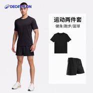 迪卡儂（DECATHLON）速干t恤男夏訓練休閑寬松透氣健身跑步速干衣短袖MSJT 【短袖兩件套】短袖(黑)+短褲 M （歐碼偏大）
