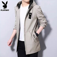 花花公子（PLAYBOY）風(fēng)衣男中長(zhǎng)款春秋季新款外套男裝連帽大衣大碼青年學(xué)生上衣 8929米白色常規(guī)款 2XL