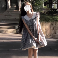 清中喬學(xué)院風(fēng)娃娃領(lǐng)連衣裙女學(xué)生飛飛袖格子甜美寬松少女短裙小個(gè)子 黑白格子 M