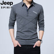JEEP SPIRIT吉普春裝男士體恤有領(lǐng)純棉長(cháng)袖T恤翻領(lǐng)加大碼修身上衣胖人打底衫 深灰長(cháng)衣袖【不加絨】 L 建議118-136斤