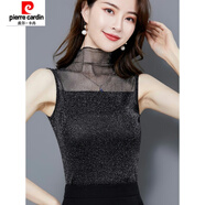 皮爾卡丹（pierre cardin）蕾絲高領(lǐng)網(wǎng)紗打底衫女春夏新款亮絲緊身內(nèi)搭上衣無袖t恤薄款 黑色 M