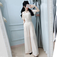 源夫人米色蕾絲連體褲女夏學(xué)生小清新韓版雪紡長(zhǎng)褲肩帶露肩修身新款女裝 M【質(zhì)量保證】