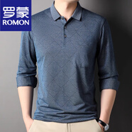 羅蒙（ROMON）長袖t恤男春秋季新款休閑簡約中年帶紐扣袖口體恤有口袋翻領(lǐng)上衣 藍色 S 165