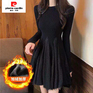 皮爾卡丹（pierre cardin）春秋外穿溫柔垂感仙女內搭氣質(zhì)拼接網(wǎng)紗連衣裙彈力打底長(cháng)袖A字裙 冬季加絨一黑色 M