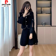 皮爾卡丹（pierre cardin）2025赫本復古優(yōu)雅氣質(zhì)顯瘦長(cháng)袖燈芯絨連衣裙套裝設計小黑裙修身女 黑色*網(wǎng)紗裙套裝 M 建議*96-104斤