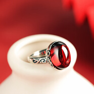 匡易S925純銀鑲嵌石榴石開(kāi)口戒指女時(shí)尚指環(huán)復古民族風(fēng)古典銀飾品