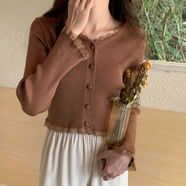憶思減百搭氣質(zhì)春季上衣女ins新款慵懶針織小衫2025年蕾絲拼接長(cháng)袖開(kāi)衫 咖啡色 L