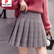 皮爾卡丹毛呢短裙格子A字裙半身裙女秋冬松緊韓版新款裙子高腰顯瘦百褶裙 淺灰格松緊腰 S 75-90斤