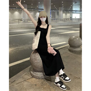 JRET純欲風(fēng)針織吊帶連衣裙女夏黑色打底裙子感修身a字包臀裙長(zhǎng)裙 黑色 M