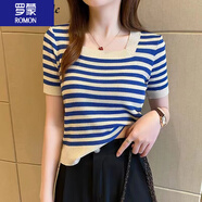 羅蒙（ROMON）女裝短袖T恤 2025夏季新款條紋薄款針織衫毛衣寬松空調(diào)衫衫上衣女 藍(lán)色 2XL 120-130斤