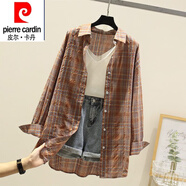 皮爾卡丹（pierre cardin）棉薄款防曬格子襯衫 23春夏裝新款女士寬松格格襯衣學(xué)生外套 磚紅格子 M 120-140斤
