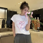 【阿瑪家】專柜2025新款山茶花刺繡百搭純棉薄款短袖T恤女1300996 白色一見傾心  阿瑪施 M /3碼