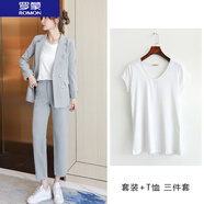 羅蒙（ROMON） 西裝套裝女2022秋季新款多色翻折袖口氣質(zhì)OL風(fēng)時(shí)尚面試西裝兩件 灰色套裝+T恤 三件套 S
