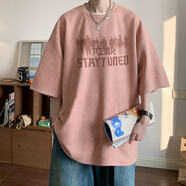 閃爆復古重磅男款短袖T恤2025新款美式潮牌高街寬松麂皮絨體 粉色 4XL