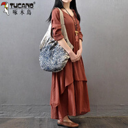 啄木鳥(niǎo)秋季新款民族風(fēng)假兩件長(cháng)裙春秋大擺亞麻連衣裙寬松長(cháng)袖棉麻裙 磚紅色 M 【建議85-95斤】