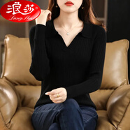 浪莎新款絲光棉針織衫女長袖翻領(lǐng)韓版POLO領(lǐng)女士打底衫百搭顯瘦毛衣女 黑色 XL 【120-140斤】