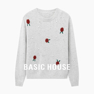 Basic House/百家好冬季氣質(zhì)百搭寬松時(shí)尚刺繡休閑長(cháng)袖針織毛衣女 白 L