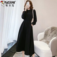 啄木鳥(niǎo)法式長(cháng)袖連衣裙女春秋2025新款寬松收腰氣質(zhì)顯瘦千鳥(niǎo)格子裙子女 黑色 M 【建議85-100斤】