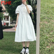 FSHE夏季日系POLO領(lǐng)抽繩收腰短袖連衣裙女學(xué)生韓版顯瘦高腰黑色長裙子 白色【蝴蝶結(jié)款】 XL 【121-135斤】