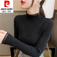 皮爾卡丹（pierre cardin）23秋冬新款半高領(lǐng)毛衣打底衫女內(nèi)搭洋氣上衣蕾絲拼接中領(lǐng)針織衫 1334黑色 XL 【建議125-135斤】
