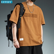 UETEEY潮流寬松百搭重磅短袖T恤男夏季2025新款水洗體恤上衣服潮牌男裝 棕色 L 115-135斤